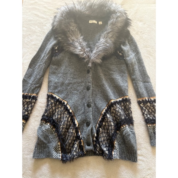 Sleeping On Snow XL Gray Knit Cardigan Faux Fur Collar Unique Boho Statement - Picture 1 of 7